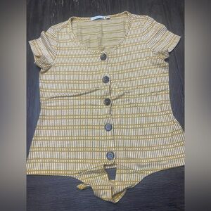 Notations Size S Yellow White Stripe Button Front Cap Sleeve Waist Tie Top
